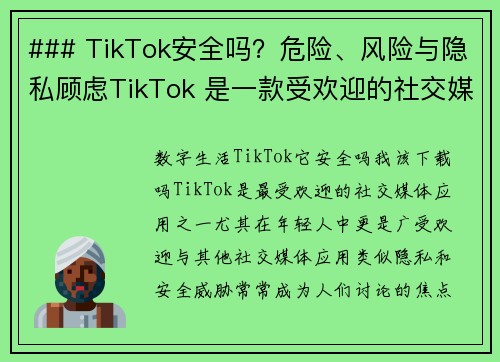 ### TikTok安全吗？危险、风险与隐私顾虑TikTok 是一款受欢迎的社交媒体应用，但其安